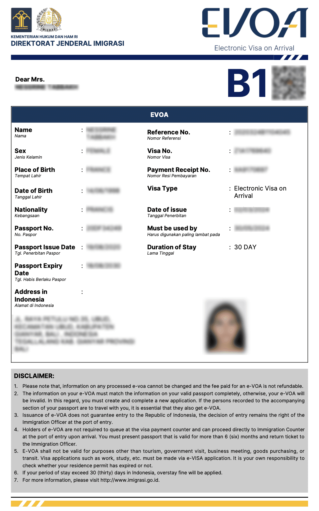 Sample of Indonesia B1 e-VOA Tourist Visa