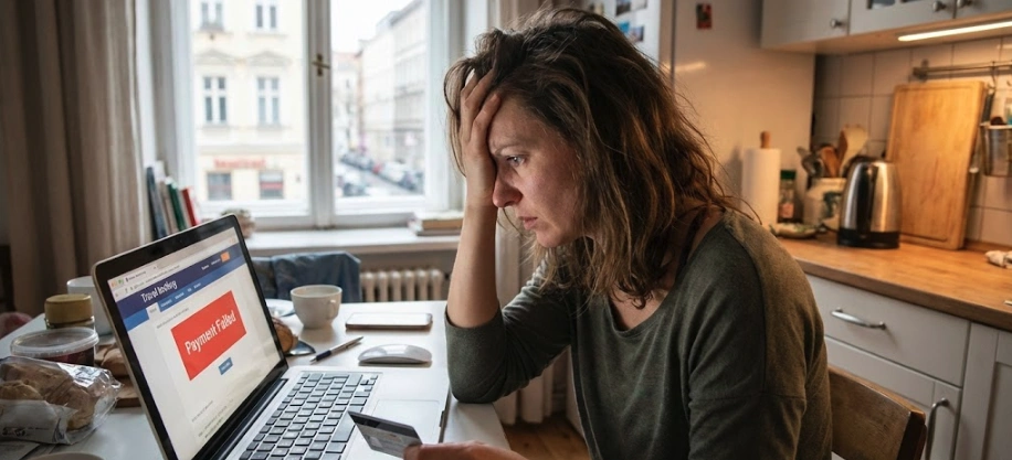 Frustrated traveler looking at a laptop screen showing payment failed on the Indonesia visa website.