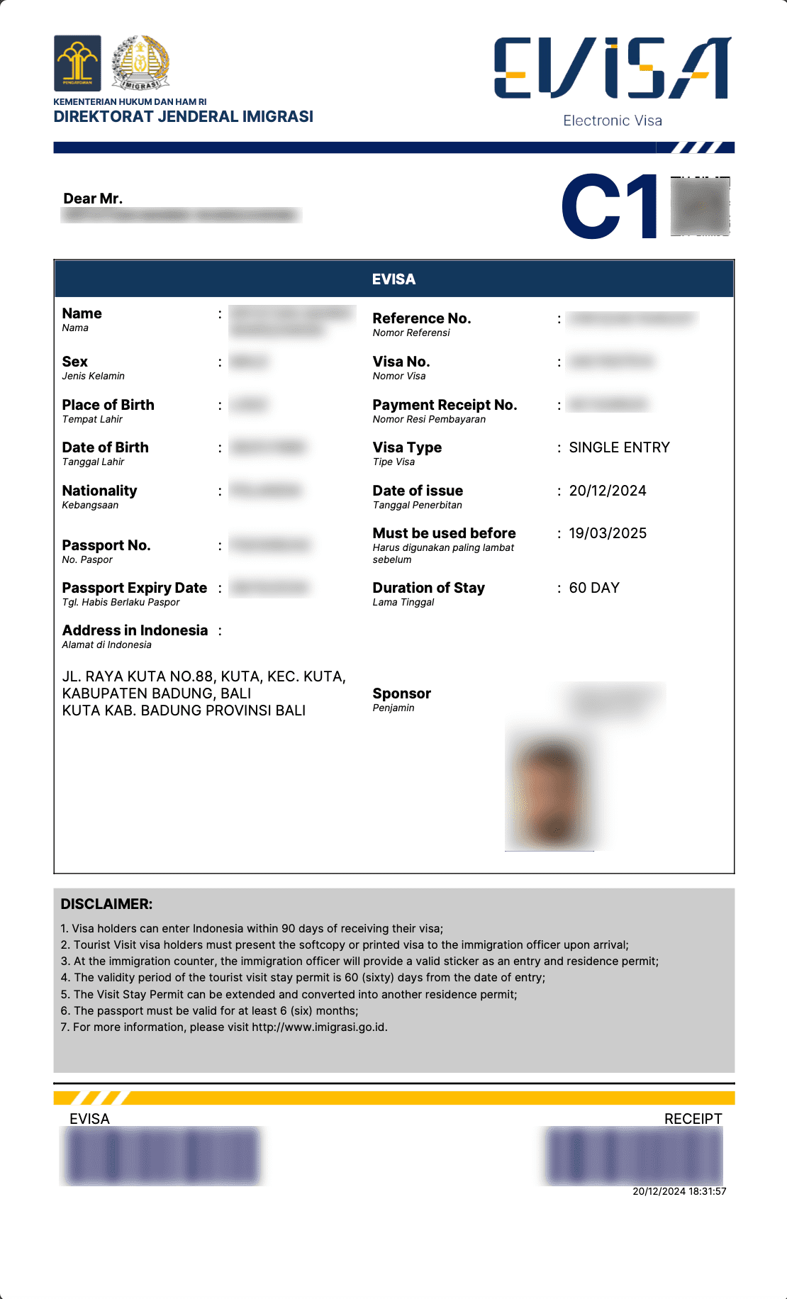 Sample of Indonesia C1 60-day Visitor Visa