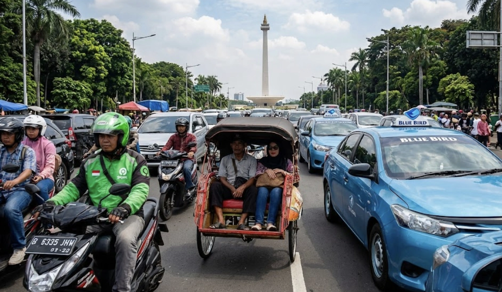 Gojek driver on scooter, traditional becak, and Blue Bird taxi in Jakarta traffic.